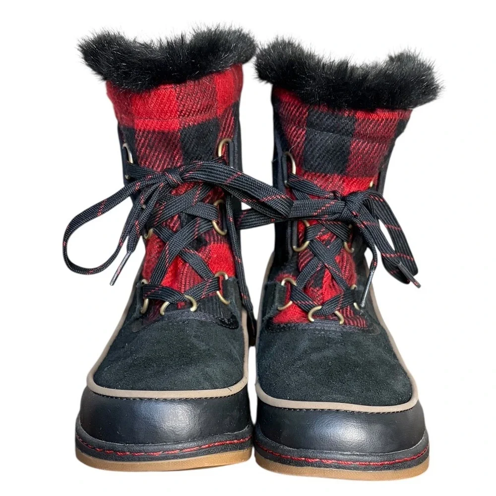 NWOT Sorel Tivoli III Womens Sz 8 Black Red Buffalo Plaid Waterproof Snow Boots‎